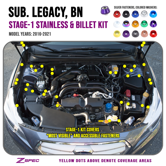 ZSPEC Stage-1 Dress Up Bolts® Fastener Kit for '16-21 Subaru Legacy 3.6L, Stainless & Billet - ZSD-011856-ZSD-011863-ZSD-011870-ZSD-011887-ZSD-011894-  DRIVEN - 1