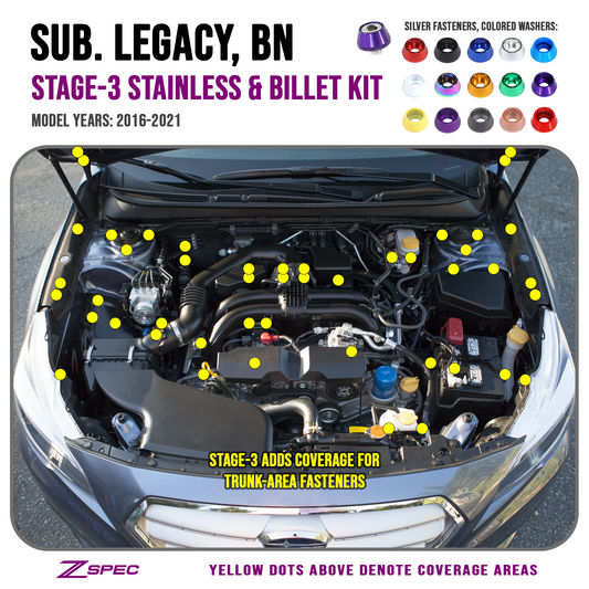 ZSPEC Stage-3 Dress Up Bolts® Fastener Kit for '16-21 Subaru Legacy 3.6L, Stainless & Billet - ZSD-011634-ZSD-011641-ZSD-011658-ZSD-011665-ZSD-011672-  DRIVEN - 1