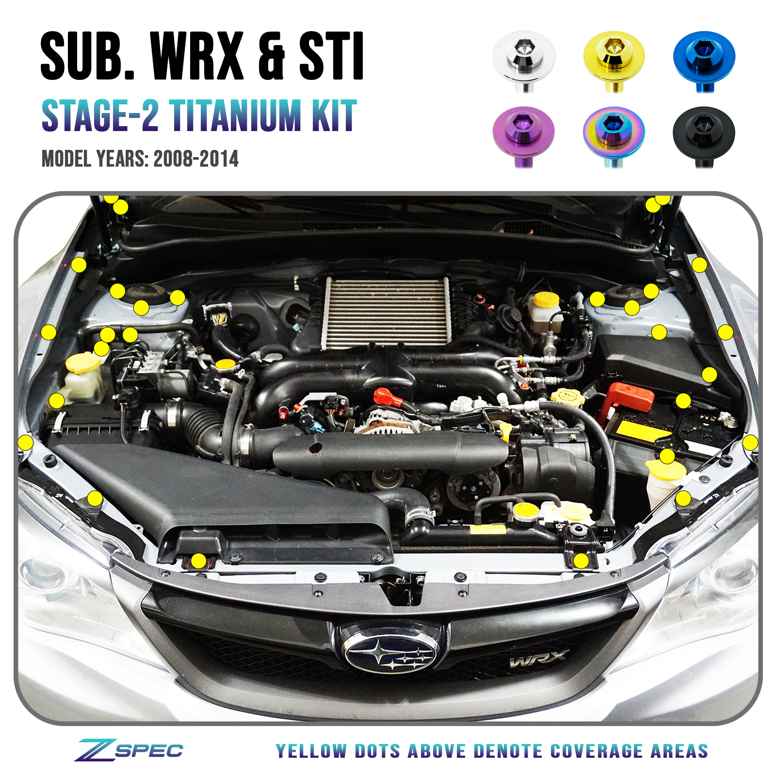 ZSPEC Stage-2 Dress Up Bolts® Fastener Kit for '08-14 Subaru WRX & STi, Titanium - ZSD-573958-ZSD-573965-ZSD-573972-ZSD-573989-ZSD-573996-  DRIVEN - 1