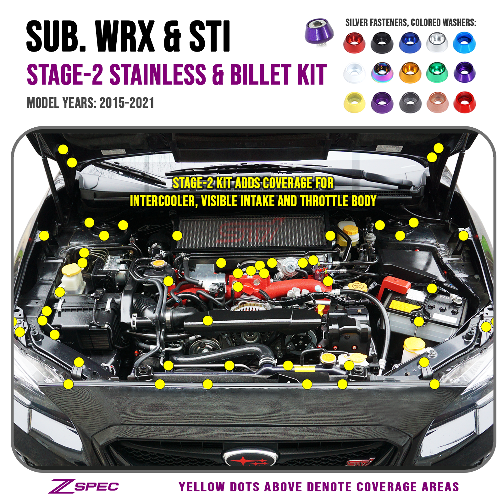 ZSPEC Stage-2 Dress Up Bolts® Fastener Kit for '15-21 Subaru WRX & STI, Stainless & Billet - ZSD-582288-ZSD-582295-ZSD-582301-ZSD-582318-ZSD-582325-  DRIVEN - 1