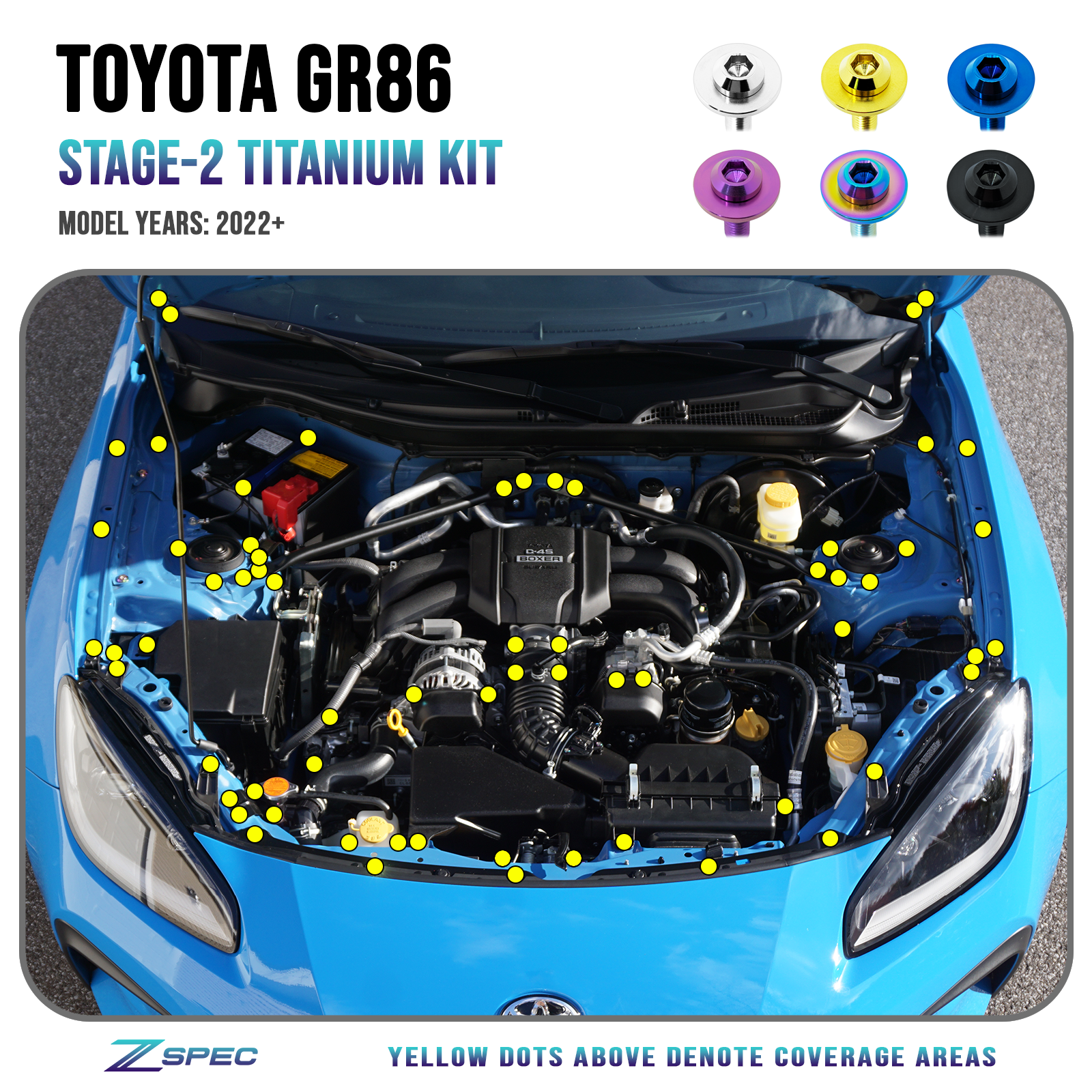 ZSPEC Stage-2 Dress Up Bolts® Fastener Kit for '22+ Toyota GR86 & Subaru BRZ, Titanium - ZSD-392450-ZSD-392467-ZSD-392474-ZSD-392481-ZSD-392498-  DRIVEN - 1