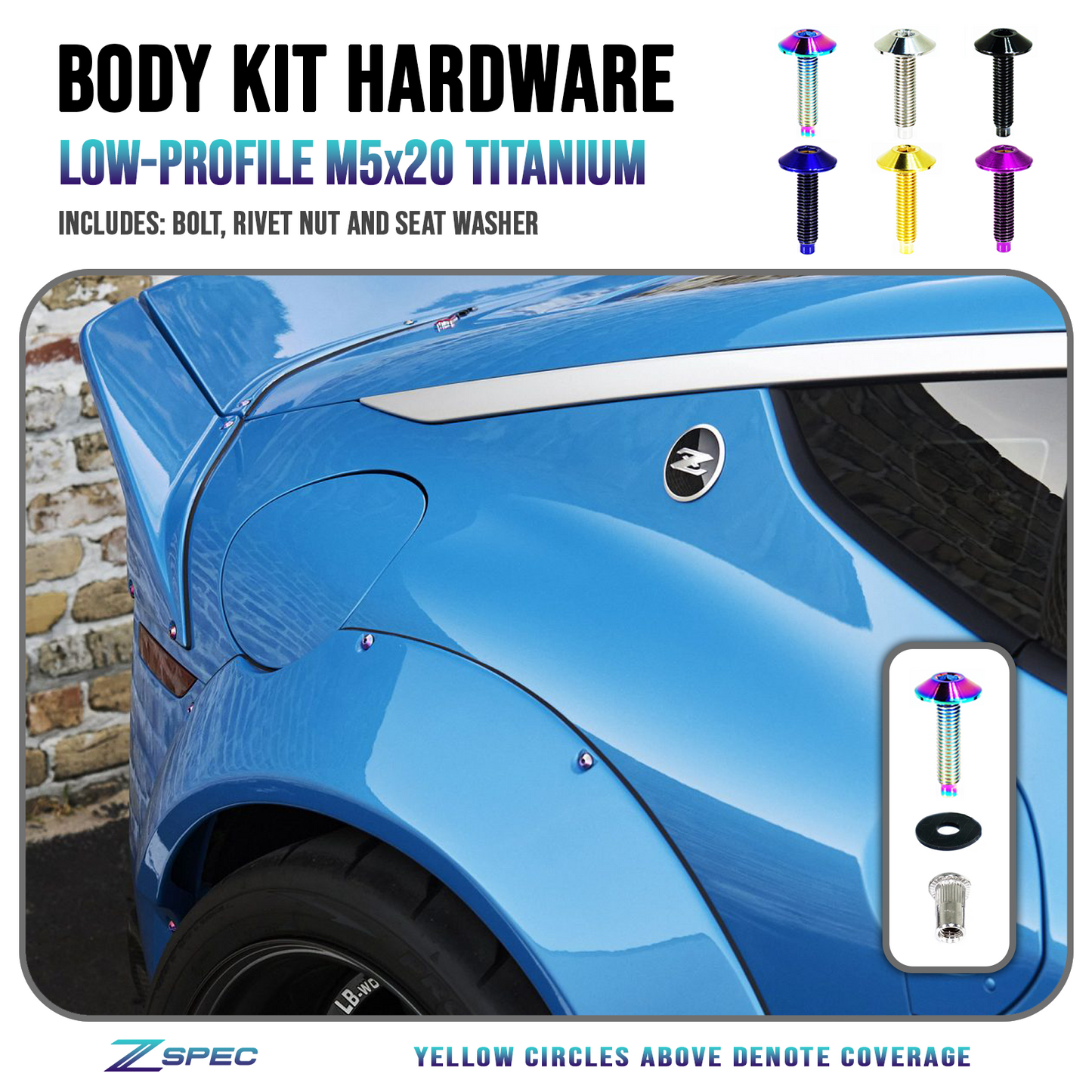 ZSPEC Low-Profile Body Kit Fastener, M5x20mm, Titanium w/ Rivet Nut, Per Each - ZSD-386138-ZSD-386145-ZSD-386152-ZSD-386169-ZSD-386176-  DRIVEN - 1