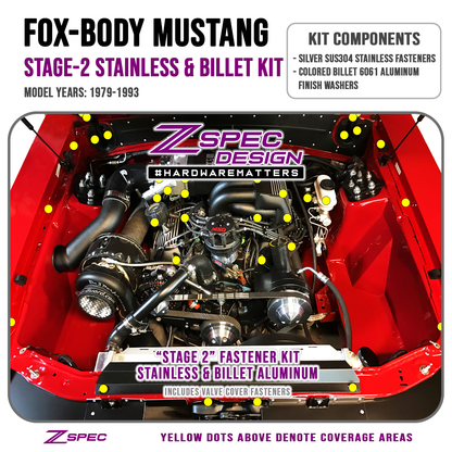ZSPEC Stage-2 Dress Up Bolts® Fastener Kit for '87-93 Ford Mustang V8 Fox-Body, Stainless & Billet - ZSD-190780-  DRIVEN - 27