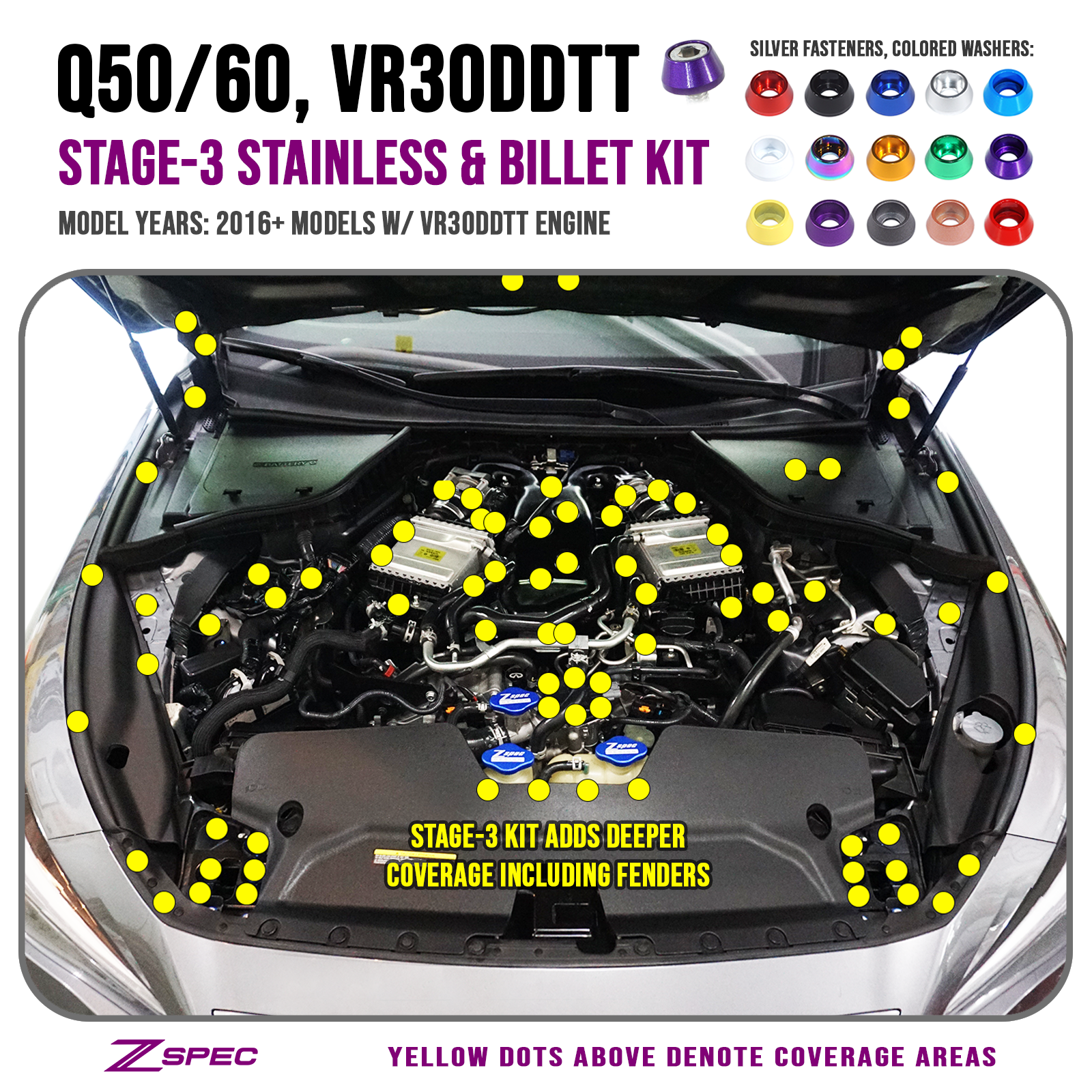 ZSPEC Stage-3 Fastener Kit for Infiniti Q50/Q60 w/VR30DDTT, Stainless & Billet - ZSD-198557-ZSD-198564-ZSD-198571-ZSD-198588-ZSD-198595-  DRIVEN - 1