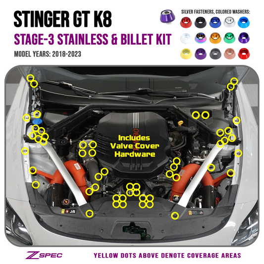 ZSPEC Stage-3 Dress Up Bolts® Fastener Kit for '18+ Kia Stinger GT K8, Stainless & Billet - ZSD-758065-ZSD-758072-ZSD-758089-ZSD-758096-ZSD-758102-  DRIVEN - 1