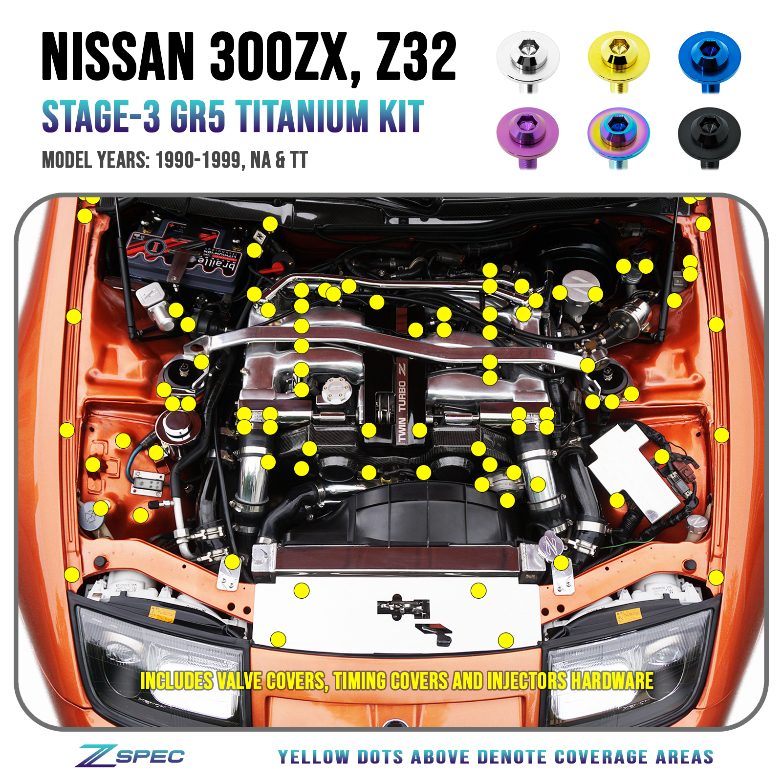 ZSPEC Stage-3 Dress Up Bolts® Hardware Kit for Nissan 300zx Z32, Titanium - ZSD-390081-ZSD-390098-ZSD-390104-ZSD-390111-ZSD-390128-  DRIVEN - 1