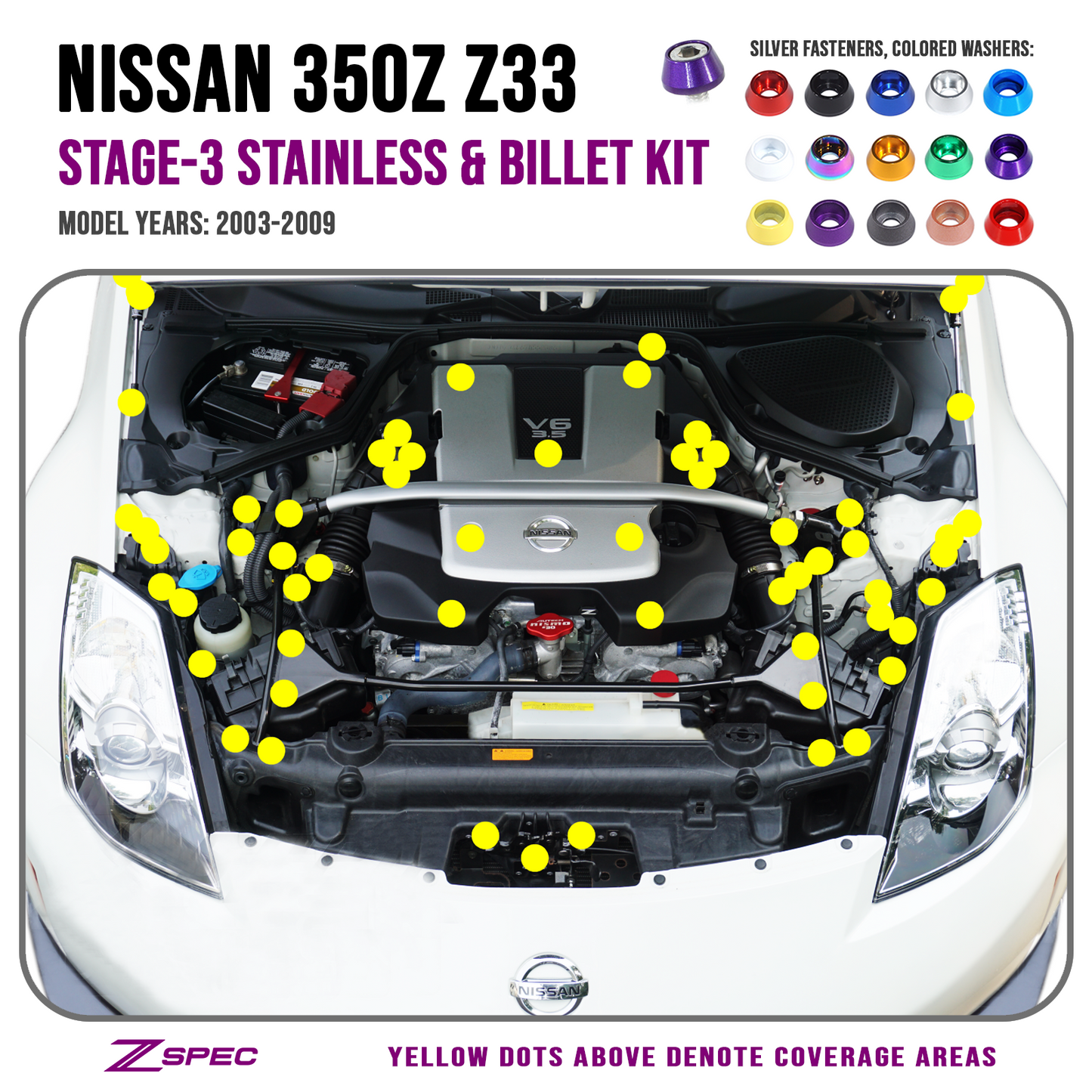 ZSPEC Stage-3 Dress Up Bolts® Kit for Nissan 350z DE/HR, OEM-Length Plenum Bolts, Stainless & Billet - ZSD-571138-ZSD-571145-ZSD-571152-ZSD-571169-ZSD-571176-  DRIVEN - 1