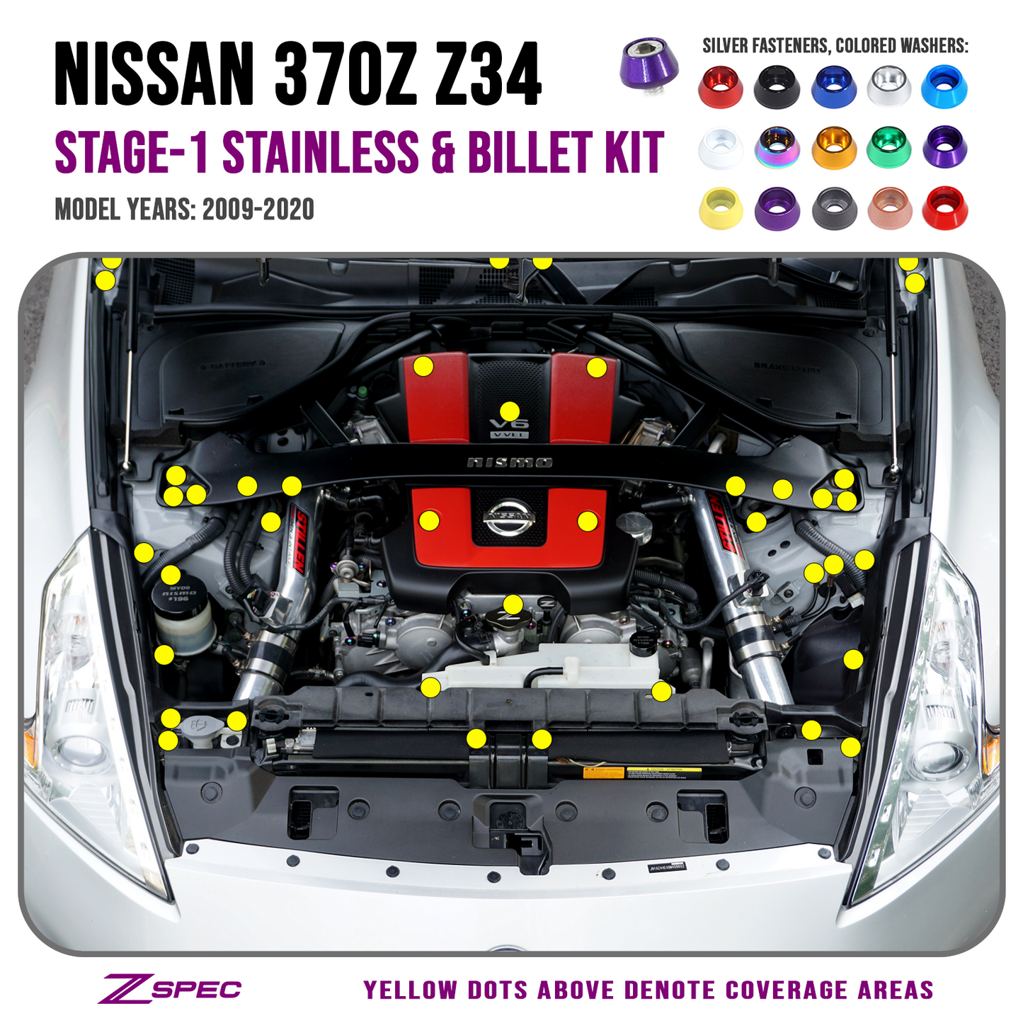 ZSPEC Stage-1 Dress Up Bolts® Fastener Kit for '09-20 Nissan 370z Z34, Stainless & Billet - ZSD-183416-ZSD-183423-ZSD-183430-ZSD-183447-ZSD-183454-  DRIVEN - 1