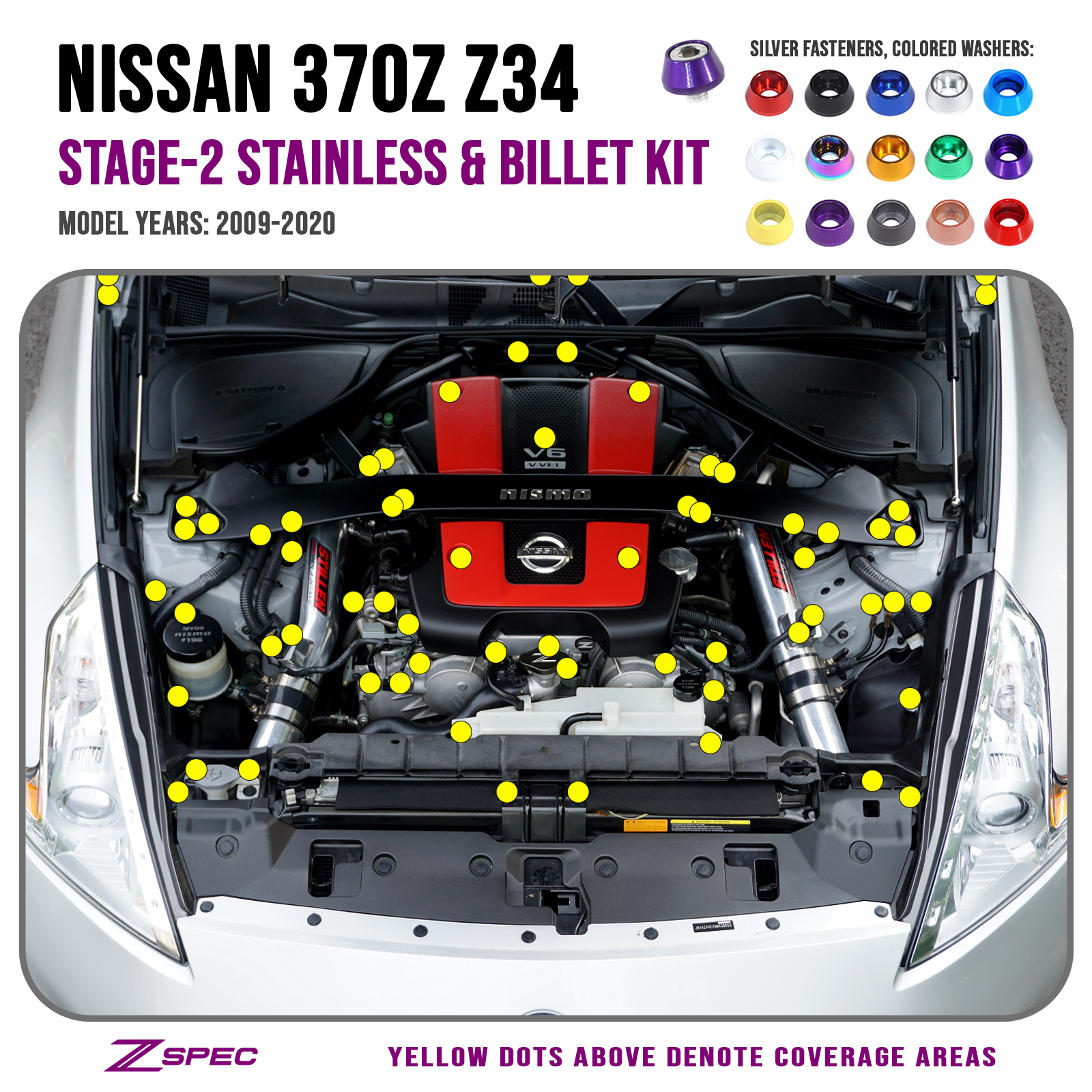 ZSPEC Stage-2 Dress Up Bolts® Fastener Kit for '09-20 Nissan 370z Z34, Stainless & Billet - ZSD-754555-ZSD-754562-ZSD-754579-ZSD-754586-ZSD-754593-  DRIVEN - 1