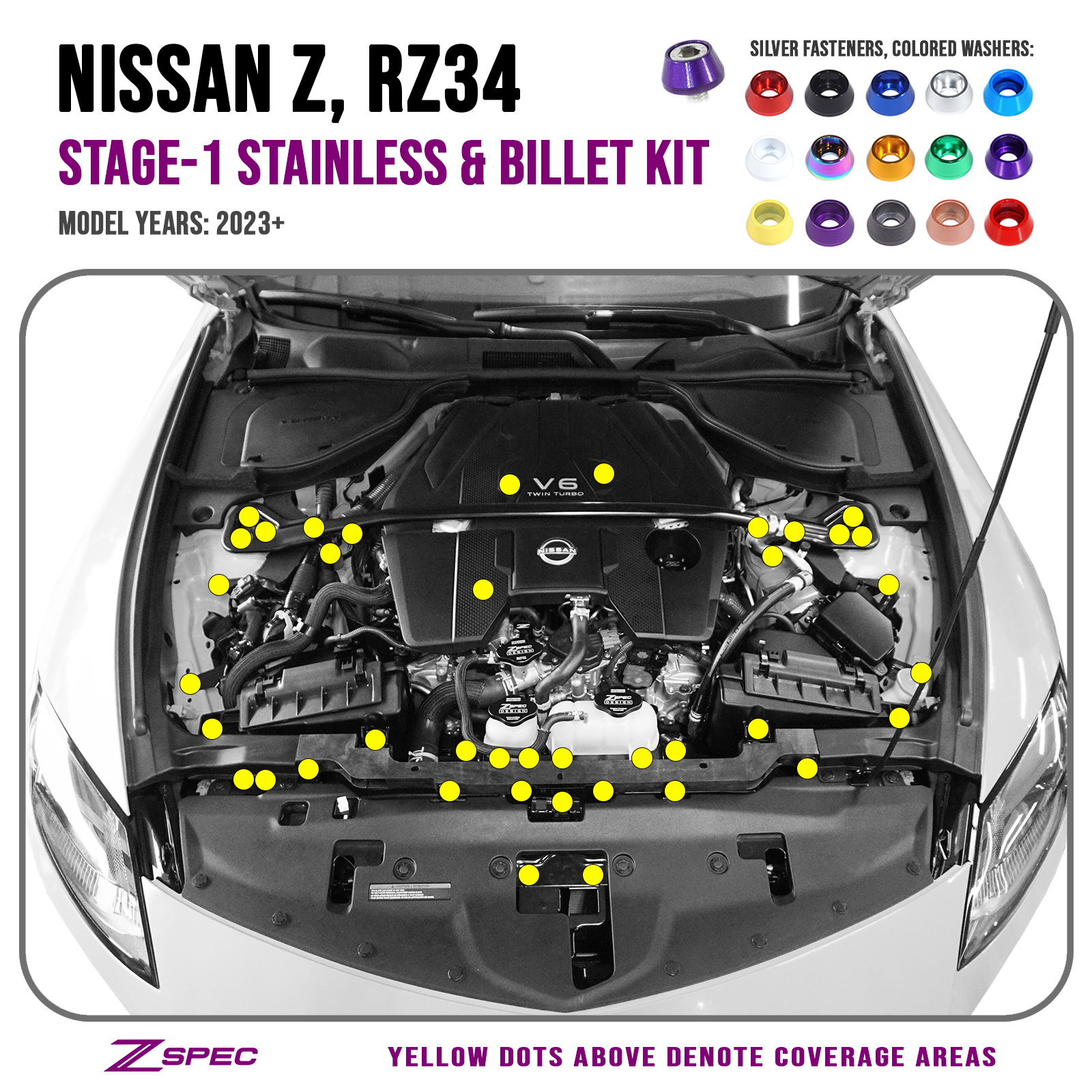 ZSPEC Stage-1 Dress Up Bolts® Hardware Kit for Nissan Z RZ34, Stainless & Billet - ZSD-390203-ZSD-390210-ZSD-390227-ZSD-390234-ZSD-390241-  DRIVEN - 1