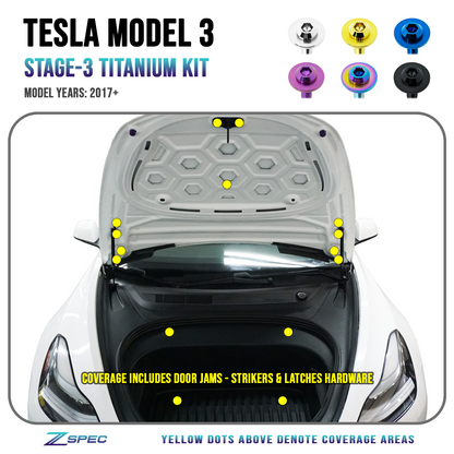 ZSPEC Stage-3 Dress Up Bolts® Fastener Kit for the Tesla Model 3, Grade-5 Titanium - ZSD-582585-ZSD-582592-ZSD-582608-ZSD-582615-ZSD-582622-  DRIVEN - 1