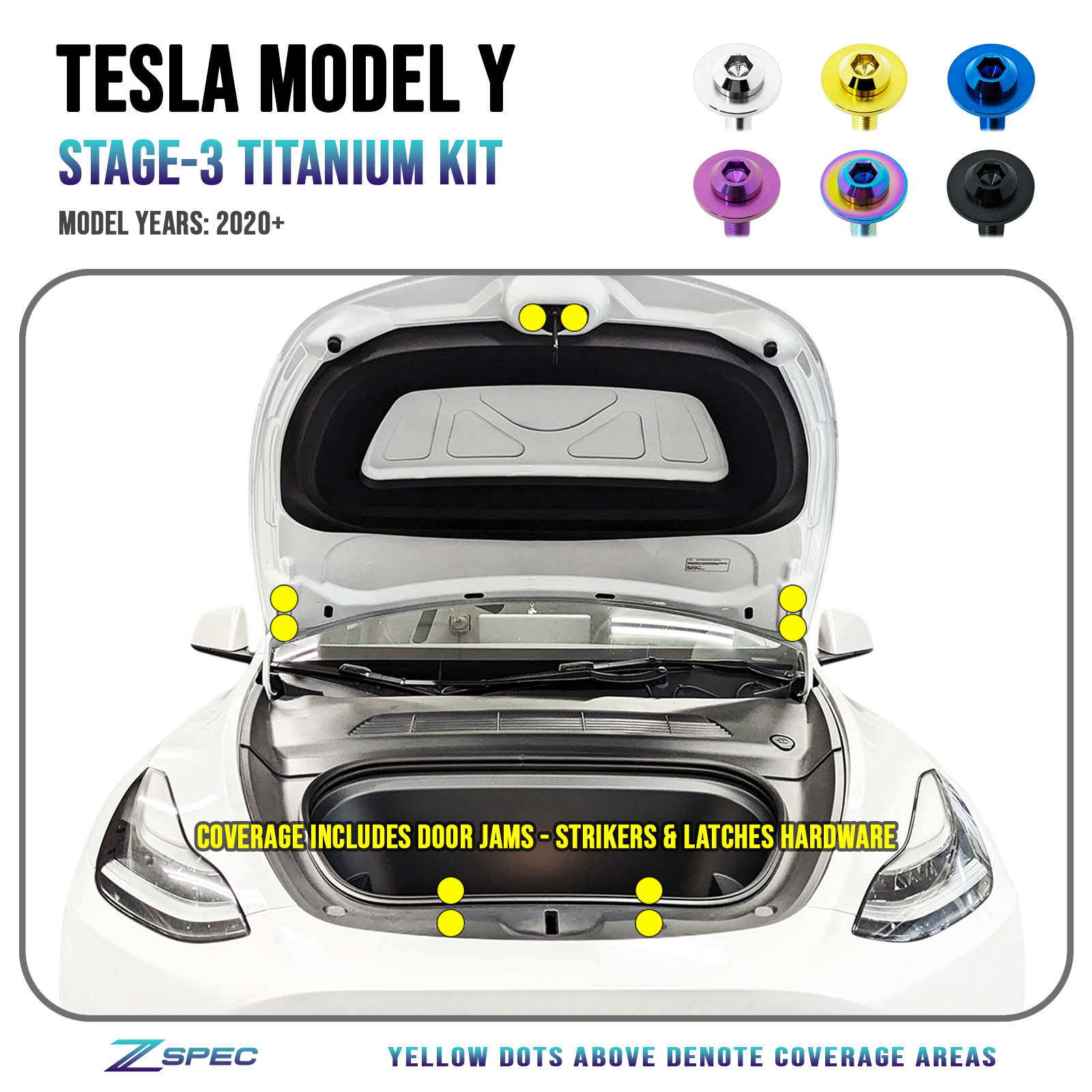 ZSPEC Stage-3 Dress Up Bolts® Fastener Kit for the Tesla Model Y, Grade-5 Titanium - ZSD-583001-ZSD-583018-ZSD-583025-ZSD-583032-ZSD-583049-  DRIVEN - 1