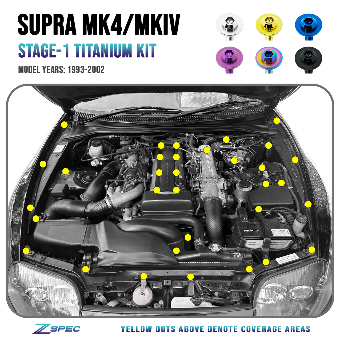 ZSPEC Stage-1 Dress Up Bolts® Fastener Kit for '93-02 Toyota Supra MKIV, Titanium - ZSD-201417-ZSD-201424-ZSD-201431-ZSD-201448-ZSD-201455-  DRIVEN - 1