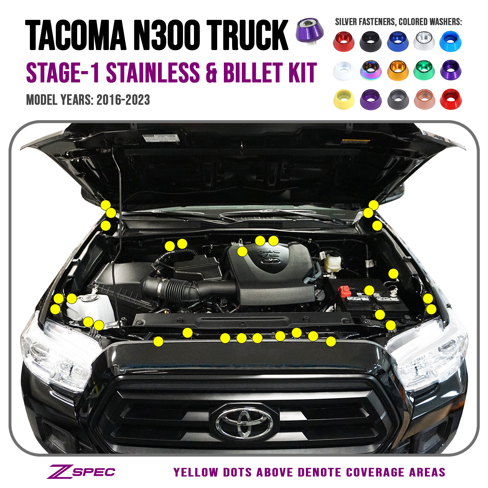 ZSPEC Stage-1 Dress Up Bolts® Fastener Kit for '16-23 Toyota Tacoma N300, Stainless & Billet - ZSD-766138-ZSD-766145-ZSD-766152-ZSD-766169-ZSD-766176-  DRIVEN - 1