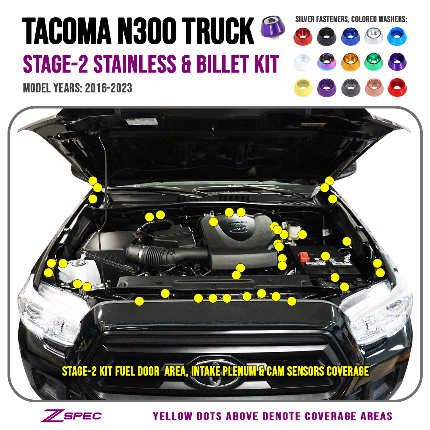 ZSPEC Stage-2 Dress Up Bolts® Fastener Kit for '16-23 Toyota Tacoma N300, Stainless & Billet - ZSD-765964-ZSD-765971-ZSD-765988-ZSD-765995-ZSD-766008-  DRIVEN - 1