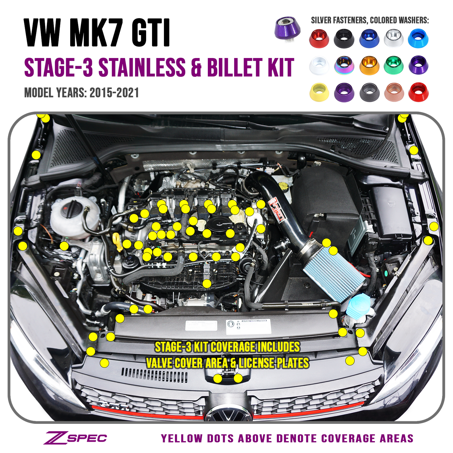 ZSPEC Stage-3 Dress Up Bolts® Fastener Kit for '15+ VW Golf GTI 2.0L MK7, Stainless & Billet - ZSD-004827-ZSD-004834-ZSD-004841-ZSD-004858-ZSD-004865-  DRIVEN - 1