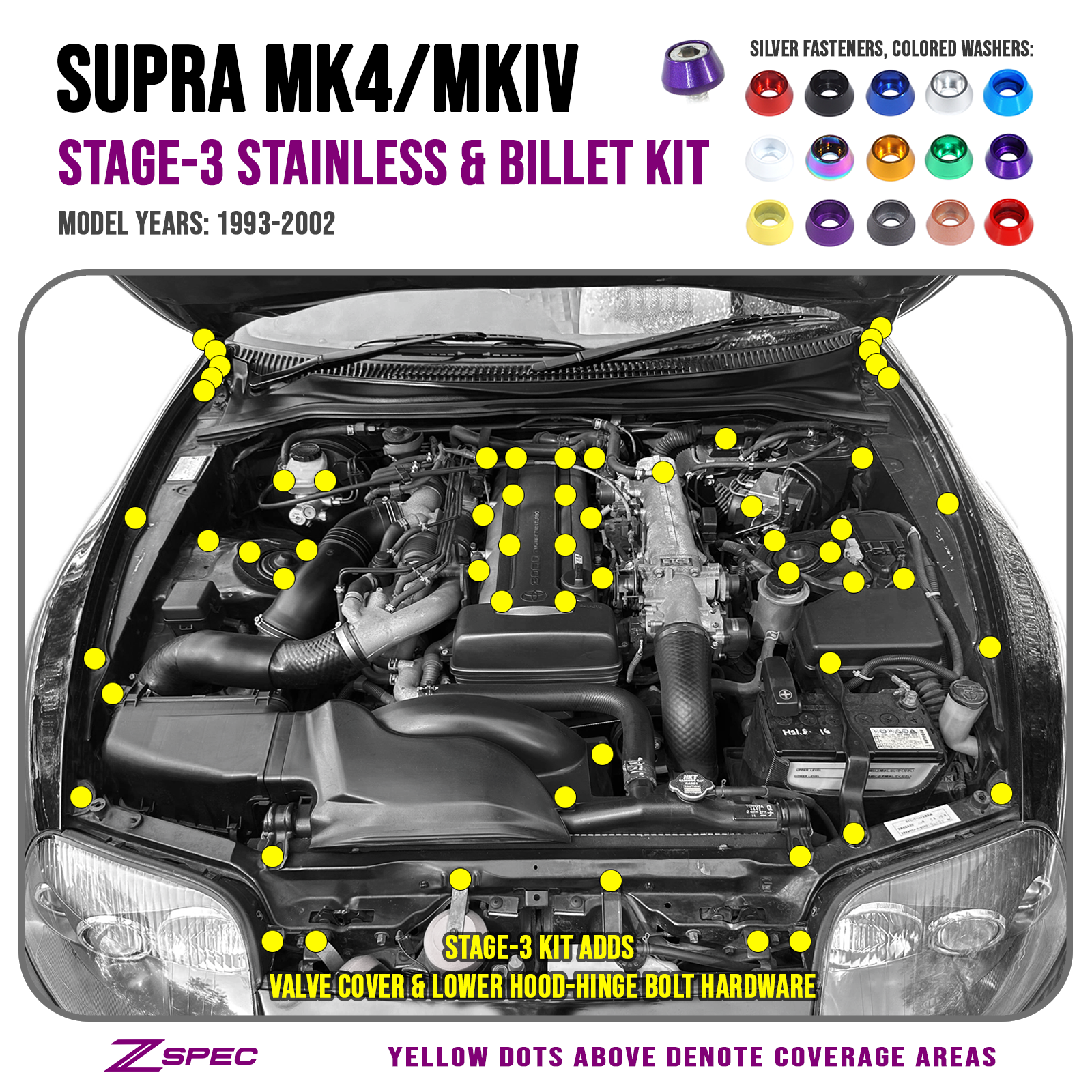 ZSPEC Stage-3 Dress Up Bolts® Fastener Kit for '93-02 Toyota Supra MKIV, Stainless & Billet - ZSD-191794-ZSD-191800-ZSD-191817-ZSD-191824-ZSD-191831-  DRIVEN - 1