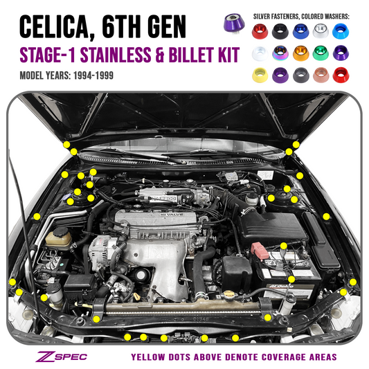 ZSPEC Stage-1 Dress Up Bolts® Fastener Kit for '94-99 Toyota Celica, Stainless & Billet - ZSD-012723-ZSD-012730-ZSD-012747-ZSD-012754-ZSD-012761-  DRIVEN - 1