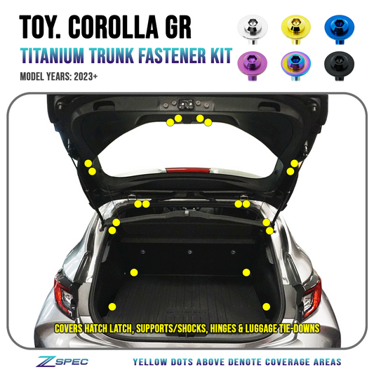 ZSPEC Trunk-Area Fastener Kit for the GR Corolla, Hinges/Struts/Latch/Tie-Down Hooks, Titanium - ZSD-186806-ZSD-186813-ZSD-186820-ZSD-186837-ZSD-186844-  DRIVEN - 1