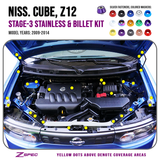 ZSPEC Stage-3 Dress Up Bolts® Fastener Kit for '98-14 Nissan Cube, Stainless & Billet - ZSD-753800-ZSD-753817-ZSD-753824-ZSD-753831-ZSD-753848-  DRIVEN - 1
