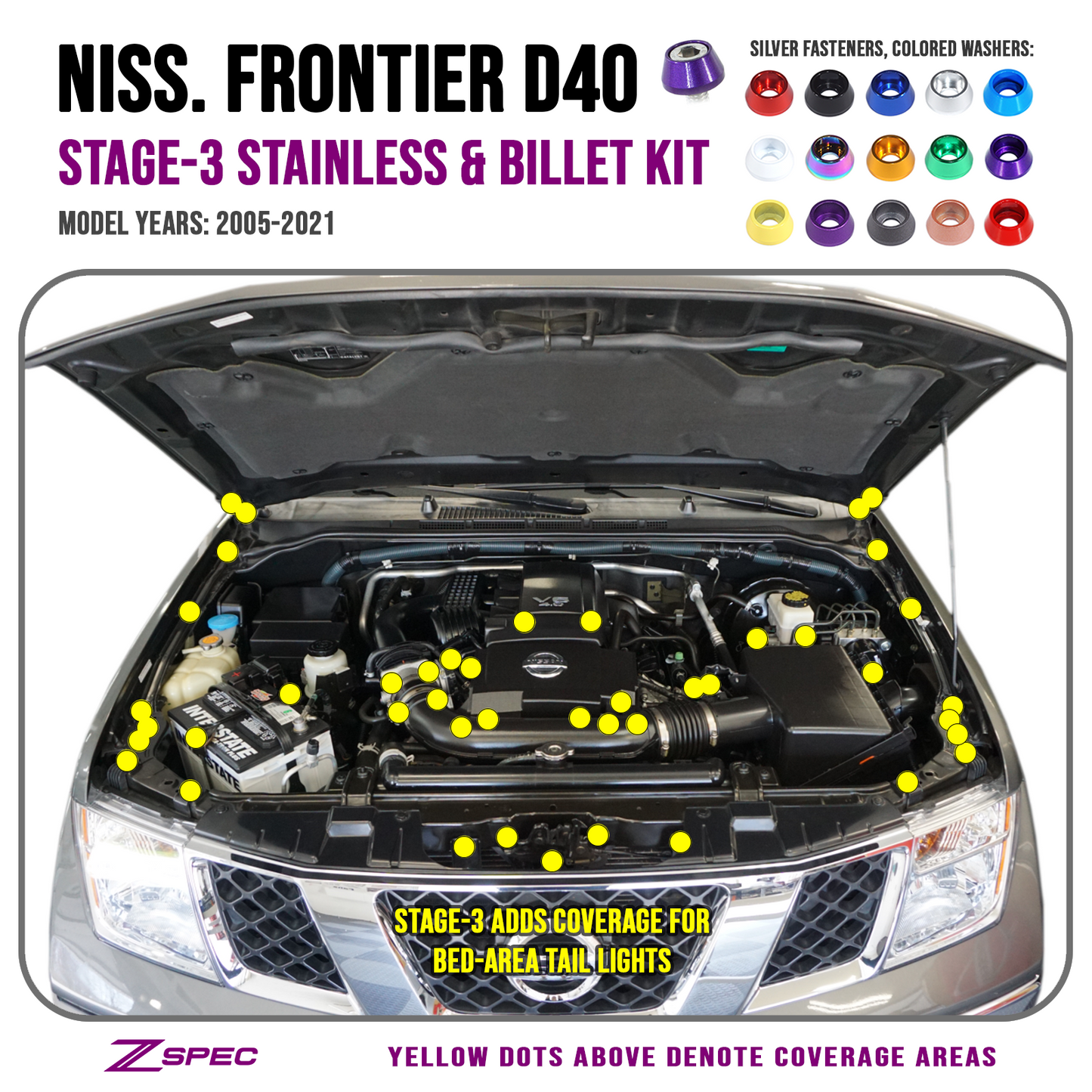ZSPEC Stage-3 Dress Up Bolts® Fastener Kit for 05-21 Nissan Frontier D40, Stainless & Billet - ZSD-764165-ZSD-764172-ZSD-764189-ZSD-764196-ZSD-764202-  DRIVEN - 1