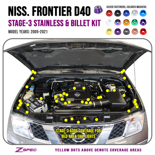 ZSPEC Stage-3 Dress Up Bolts® Fastener Kit for 05-21 Nissan Frontier D40, Stainless & Billet - ZSD-764165-ZSD-764172-ZSD-764189-ZSD-764196-ZSD-764202-  DRIVEN - 1