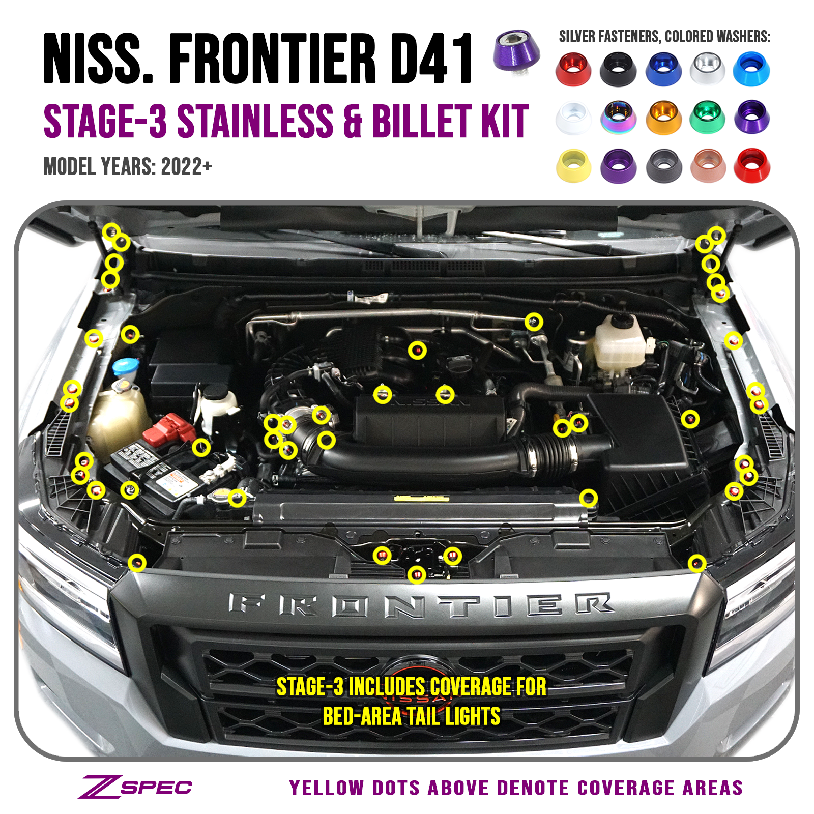 ZSPEC Stage-3 Dress Up Bolts® Fastener Kit for '22+ Nissan Frontier D41, Stainless & Billet - ZSD-762574-ZSD-762581-ZSD-762598-ZSD-762604-ZSD-762611-  DRIVEN - 1