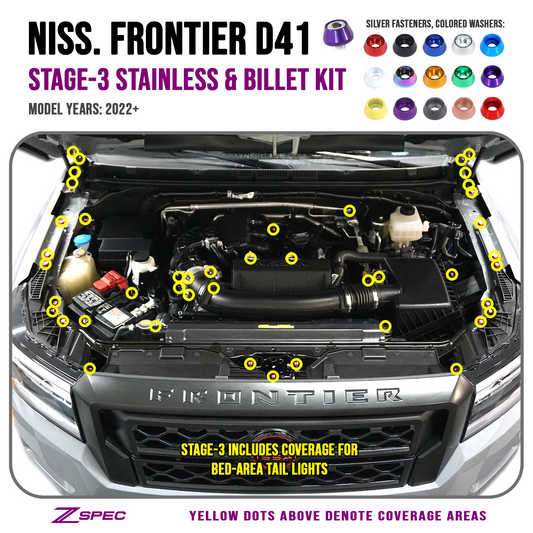 ZSPEC Stage-3 Dress Up Bolts® Fastener Kit for '22+ Nissan Frontier D41, Stainless & Billet - ZSD-762574-ZSD-762581-ZSD-762598-ZSD-762604-ZSD-762611-  DRIVEN - 1