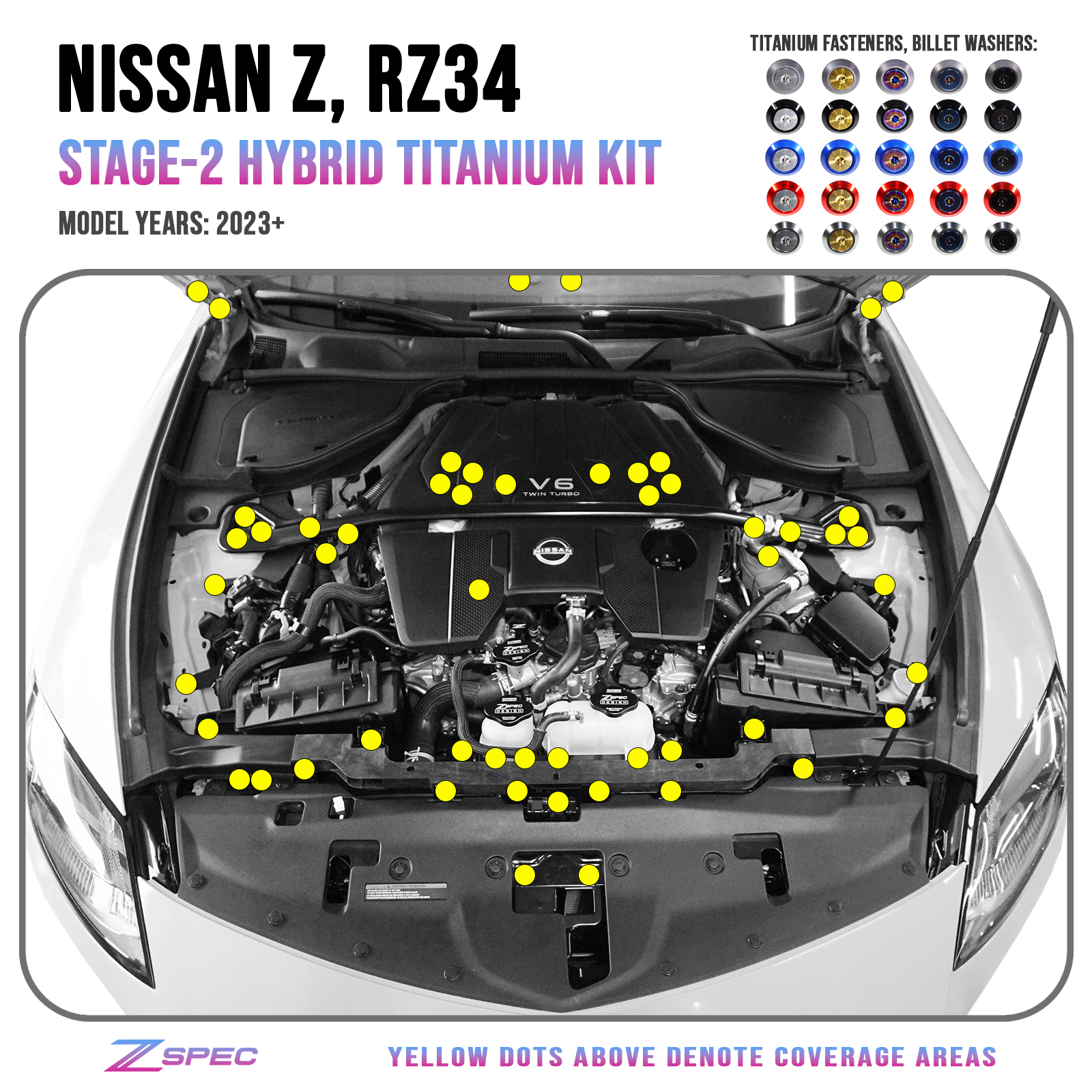 ZSPEC Stage-2 Dress Up Bolts® Hardware Kit for Nissan Z RZ34, Titanium & Billet - ZSD-389504-ZSD-389511-ZSD-389528-ZSD-389535-ZSD-389542-  DRIVEN - 1
