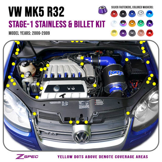 ZSPEC Stage-1 Dress Up Bolts® Fastener Kit for '06-09 VW Golf R32 MK5, Stainless & Billet - ZSD-566622-ZSD-566639-ZSD-566646-ZSD-566653-ZSD-566660-  DRIVEN - 1