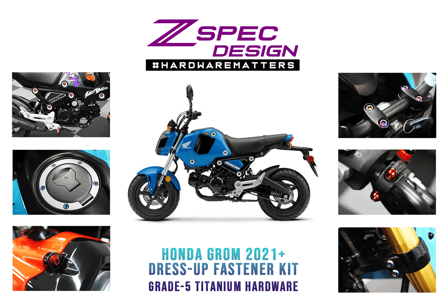 ZSPEC Dress-Up Bolts® Hardware Kit for the 2021+ Honda Grom Platform, Titanium - ZSD-187865-ZSD-187872-ZSD-187889-ZSD-187896-ZSD-187902-  DRIVEN - 1