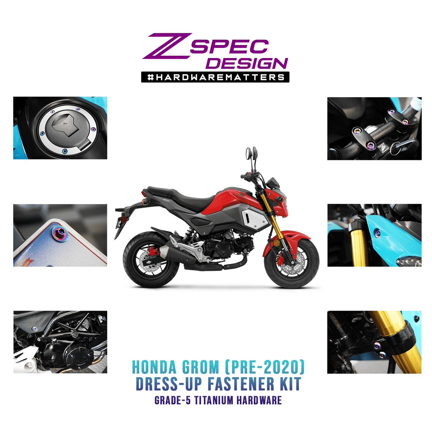 ZSPEC Dress-Up Bolts® Hardware Kit for the pre-2020 Honda Grom Platform, Titanium - ZSD-766473-ZSD-766480-ZSD-766497-ZSD-766503-ZSD-766510-  DRIVEN - 1