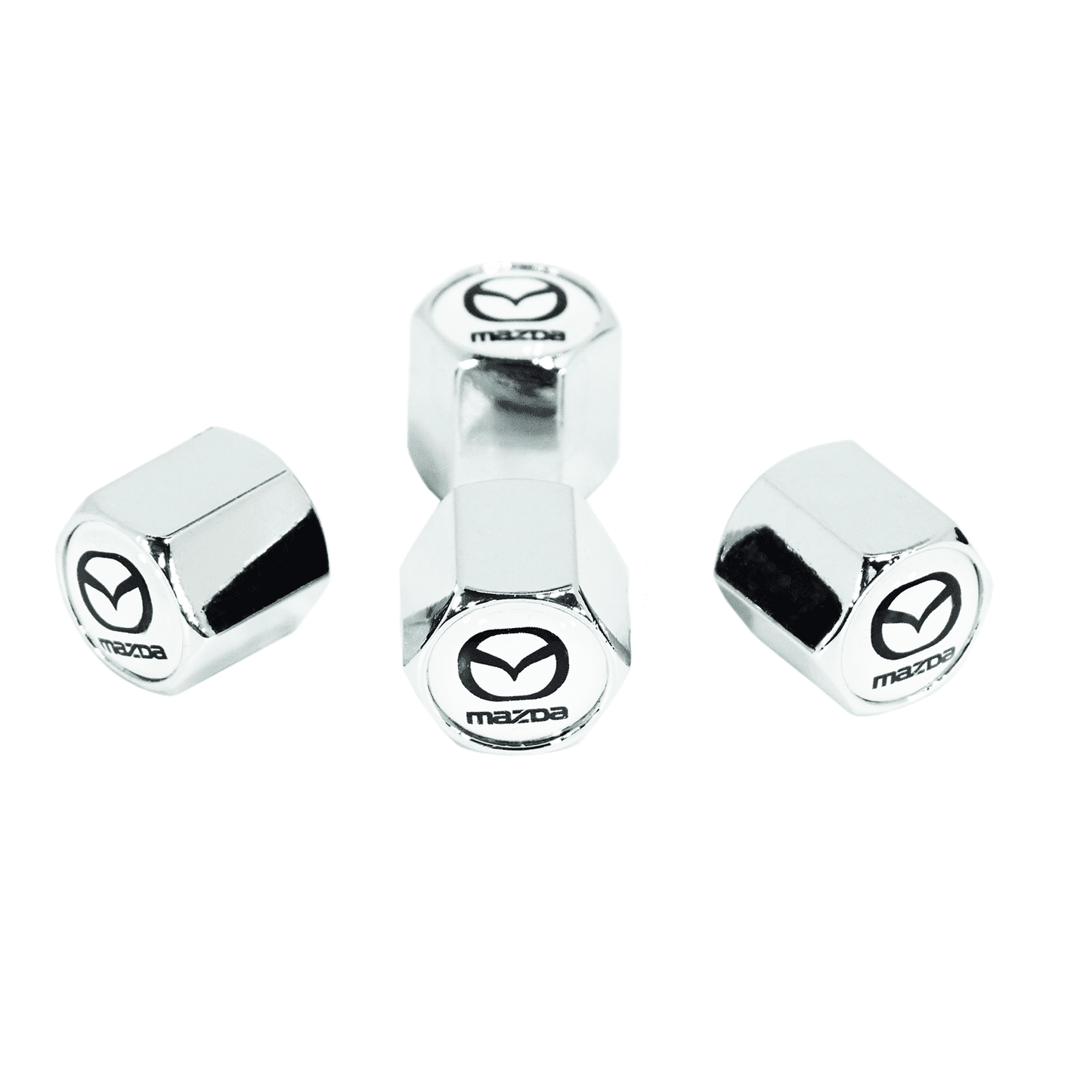 Chrome Valve Stem Tire Caps, Style: MAZDA on White Background - ZSD-009167-  DRIVEN - 1