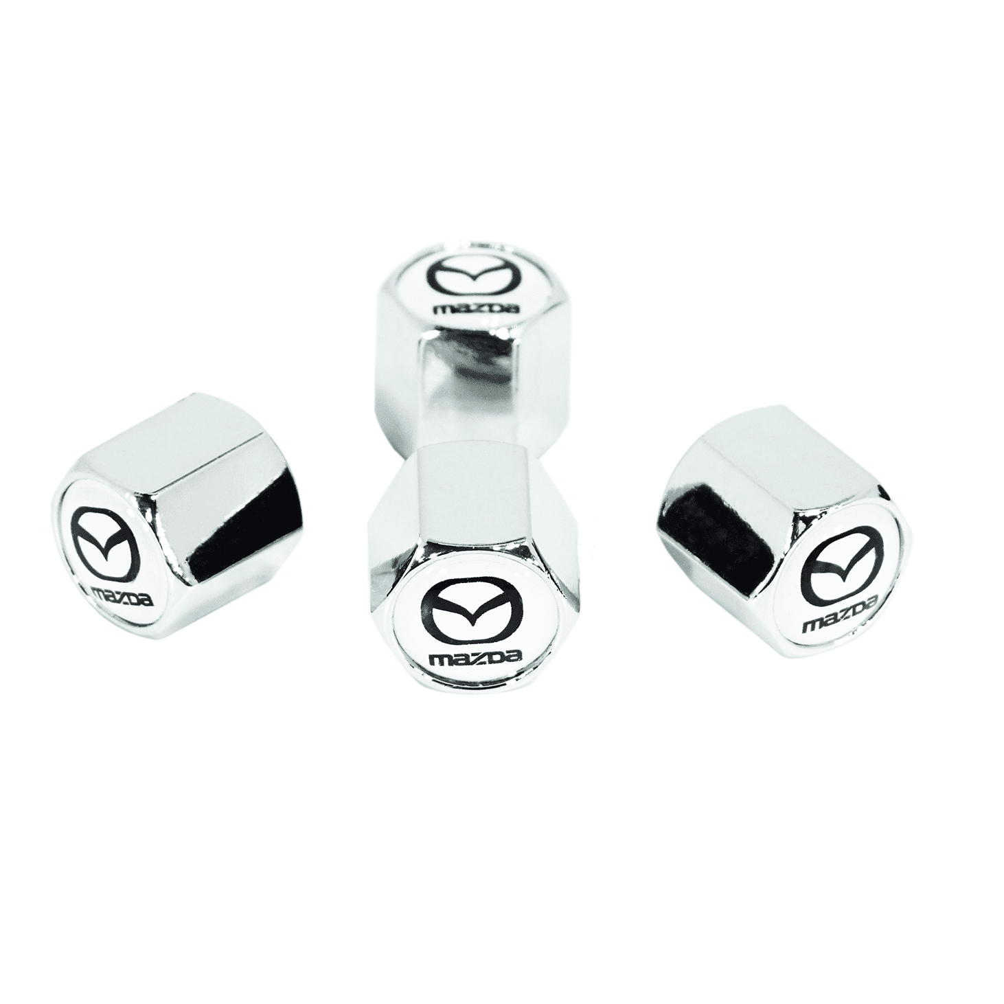 Chrome Valve Stem Tire Caps, Style: MAZDA on White Background - ZSD-009167-  DRIVEN - 1
