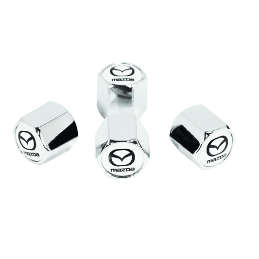 Chrome Valve Stem Tire Caps, Style: MAZDA on White Background - ZSD-009167-  DRIVEN - 1